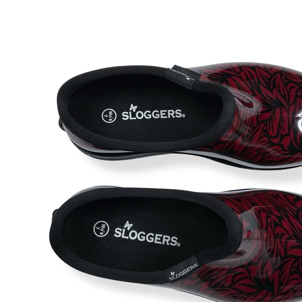 Sloggers Clogs Women Size 7‎ Waterproof Shoe Garden Black Red Print Slip-On